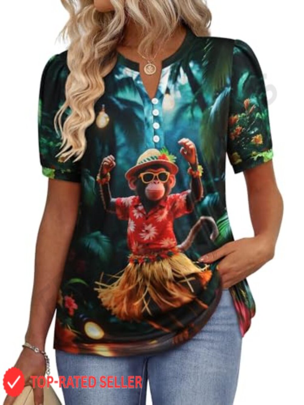 Womens Hawaiian Button Up V Neck Puff Short Sleeve Blouse